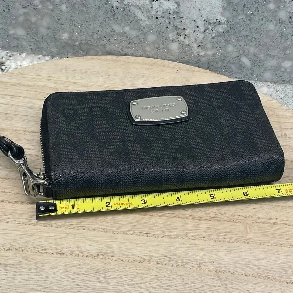 Michael Kors MK Jet Set Slim Wallet Black Signature Monogram Flat Wristlet Zip - Picture 7 of 8